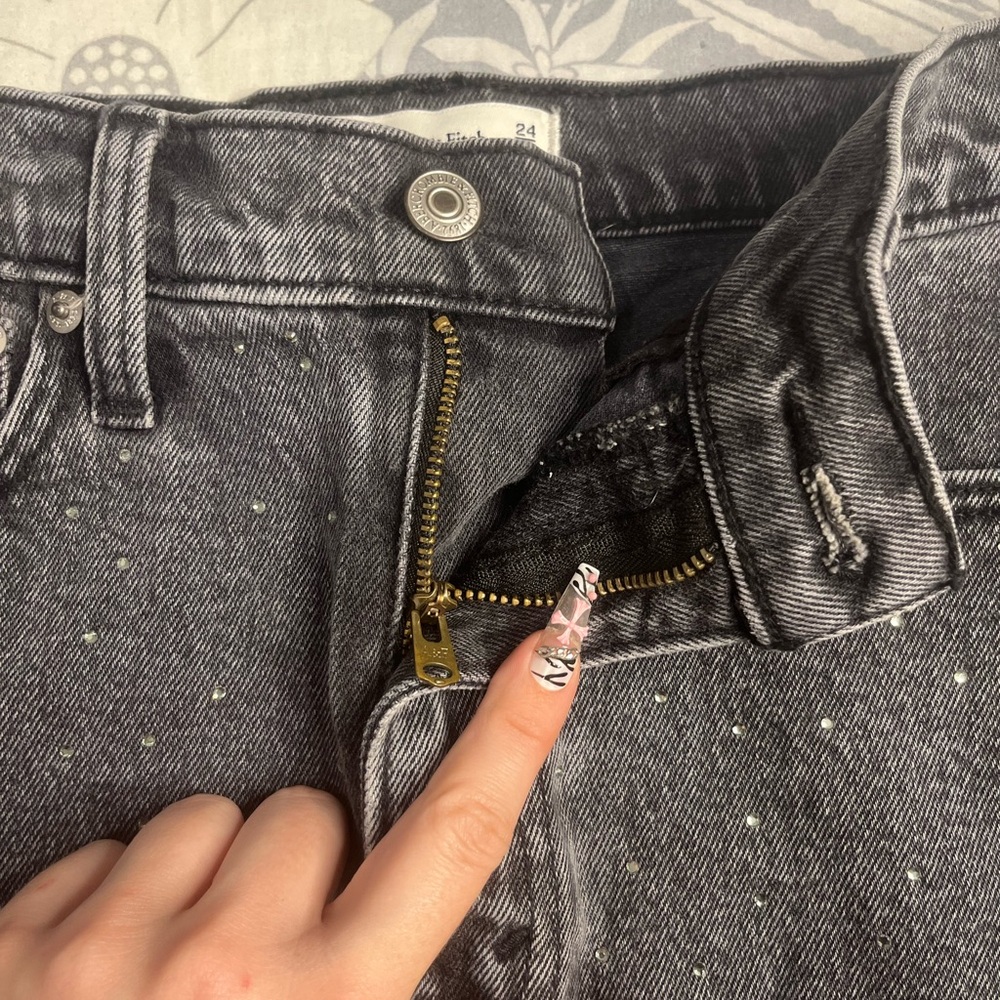 Abercrombie & Fitch High Rise Denim Mini Skirt Black Rhinestone Size 24 Y2K - Picture 8 of 16